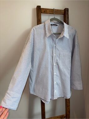 Zara Blue & White Striped Oversized Button-Up Shirt XXL Heavyweight Cotton Blend